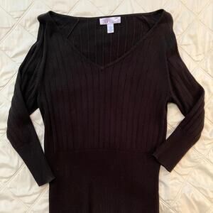 NINE & CO Black Sweater L Ribbed Cotton Rayon Nine West V Neck Office Comfy